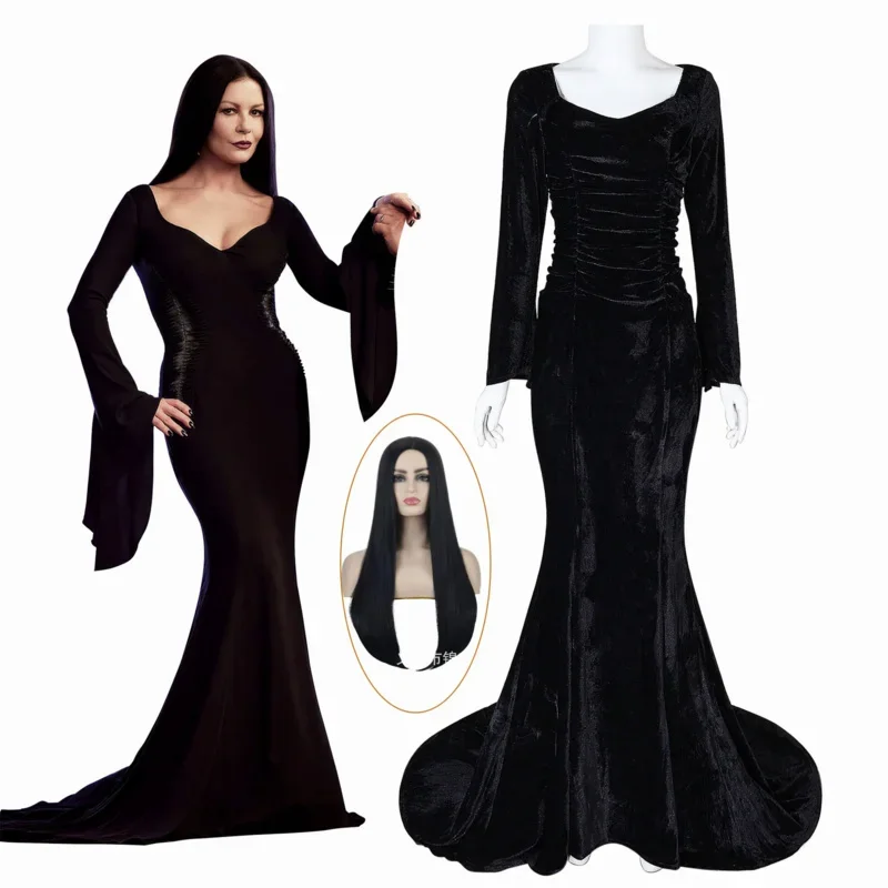 Фото Женский костюм для косплея Morticia, черный сексуальный облегающий парик, искусственное вечернее платье для Хэллоуина и карнавала №1