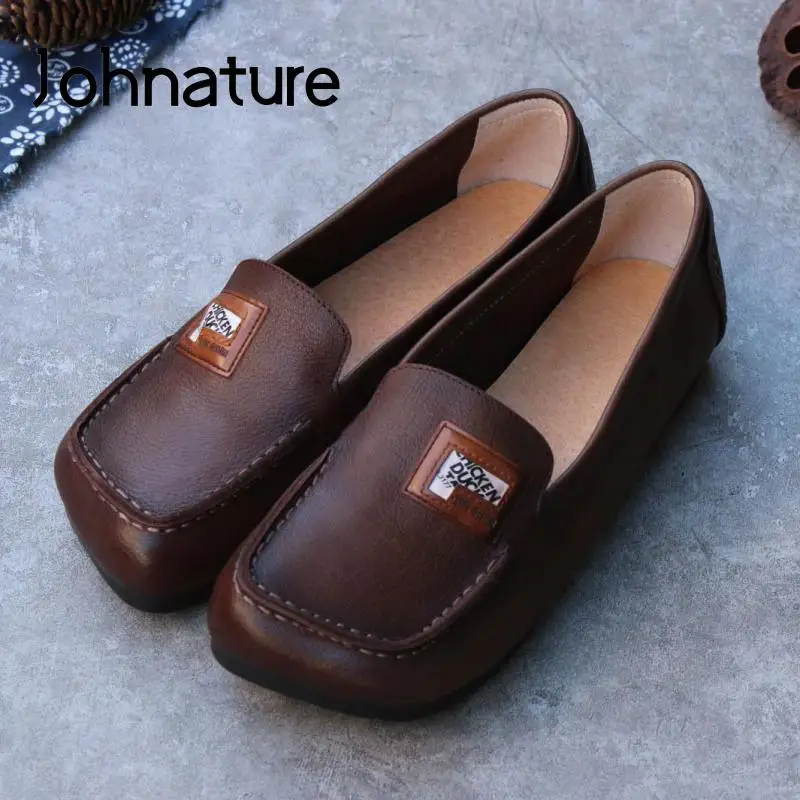 

Johnature Flats Women Shoes Genuine Leather Square Toe 2022 New Spring Autumn Shallow Concise Handmade Retro Casual Ladies Shoes