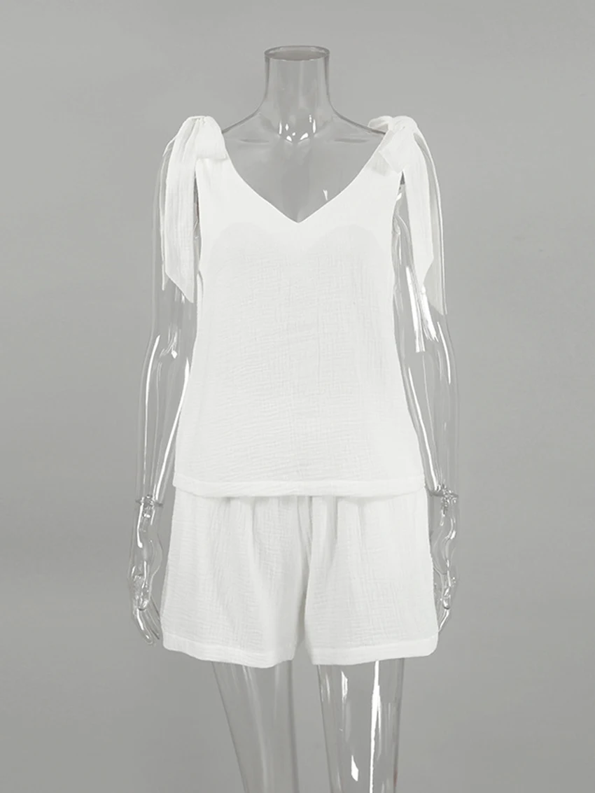 Marthaqiqi Cotton Women'S Pajama Set Sexy V-Neck Ladies Sleepwear Lace Up Bow Nightwear Loose Shorts Women 2023 New Summer Suits