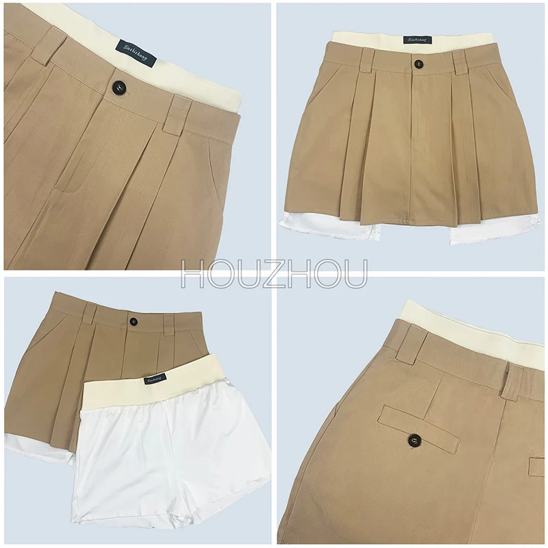 HOUZHOU Vintage Mini Cargo Skirt Women Y2k Style Irregular Patchwork High Waist Sexy Pleated Belt Micro Skirt Shorts Streetwear