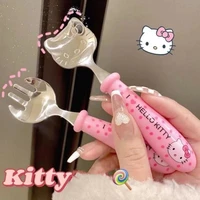kawaii sanrio hello kitty stainless steel cutlery set students eat spoon and fork cutlery set child plush toy gift accessories
