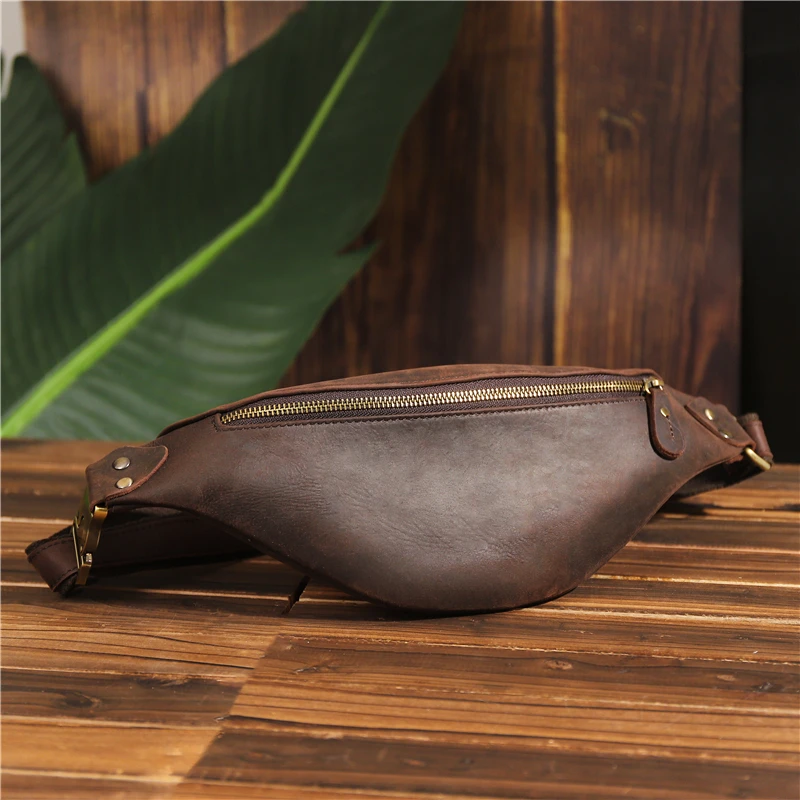 2021 Genuine Leather Travel Waist Bag Bum Bag Hip Pouch For Men Crazy Horse Leather Shoulder Bag Backpack Large Compartments