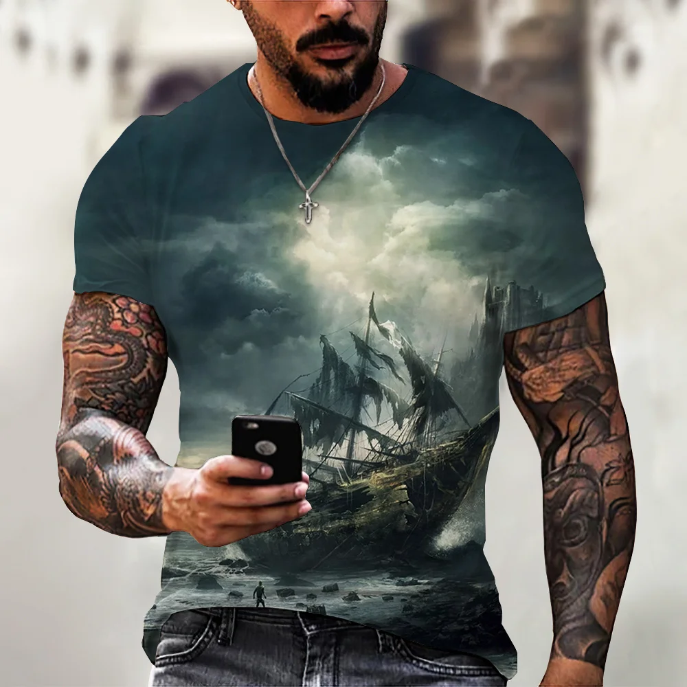 

Vintage Ship Men's T-shirts 3D Printed Tee Pirate Ship Crew Neck Short Sleeve T Shirt For Men Oversized Top Shirt Homme Camiseta