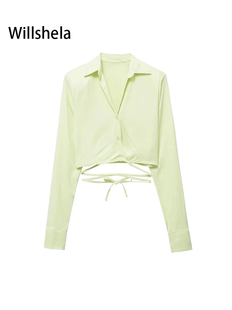 

Willshela Женская модная однотонная бандажная однобортная укороченная блузка в винтажном стиле с длинными рукавами и отворотом, женские шикарн...