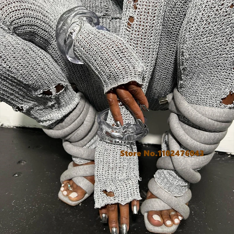 Grey Knit Lace Up Strappy Thin High Heel Sandals Women Summer Sexy Square Open Toe Cloth Rope Stilettos Sandals Female Shoes