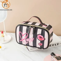 womens pu cosmetic bag korean stripe love lip print portable storage bag washing bag