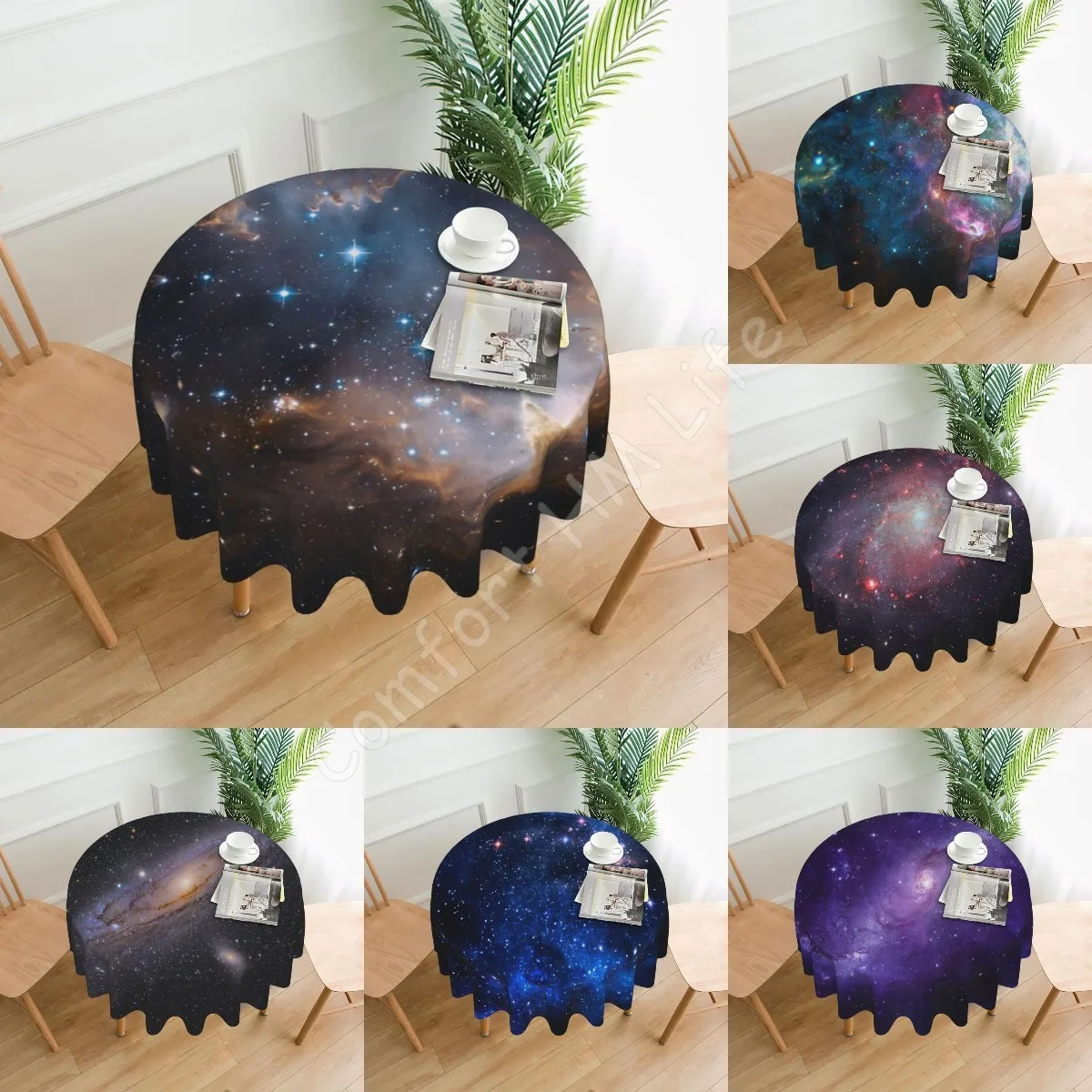 

Galaxy Stars In Space Round Tablecloth 60 Inch Table Cloths Waterproof Table Covers for Kitchen Party Dinner Table Decoration