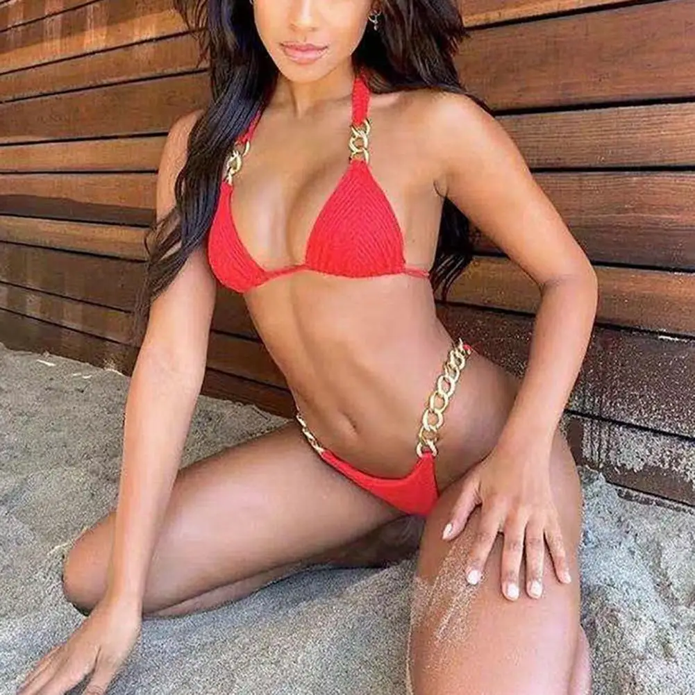 

2Pcs/Set Women Bikini Split Bikini Metal Chain Bandage Two-piece Adjustable Pure Color Swimwear Swimming