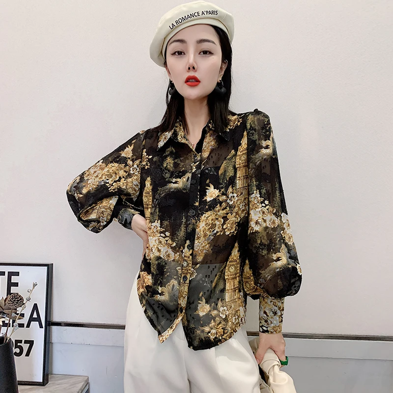 

Chiffon Women's Shirts Spring 2023 New Printed Casual Blouses Loose Long Sleeves Pockets Top Polo-neck Ladies Clothing YCMYUNYAN
