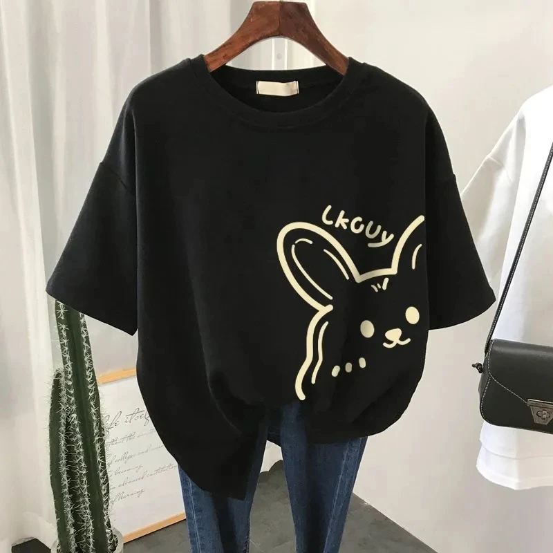 

Short-sleeve T-shirt Women 2023 Summer New Fashion Loose Cotton Pullover Top Female O-collar Printed Large Size Casual T-shirts