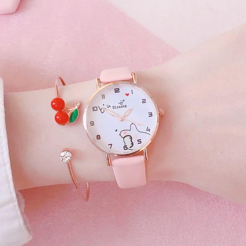 

Fashion Round Quartz Cute Pattern Dial Casual Wrist Watches Leather Strap Fashionable Clock for Waterproof Wristwatch for Girl