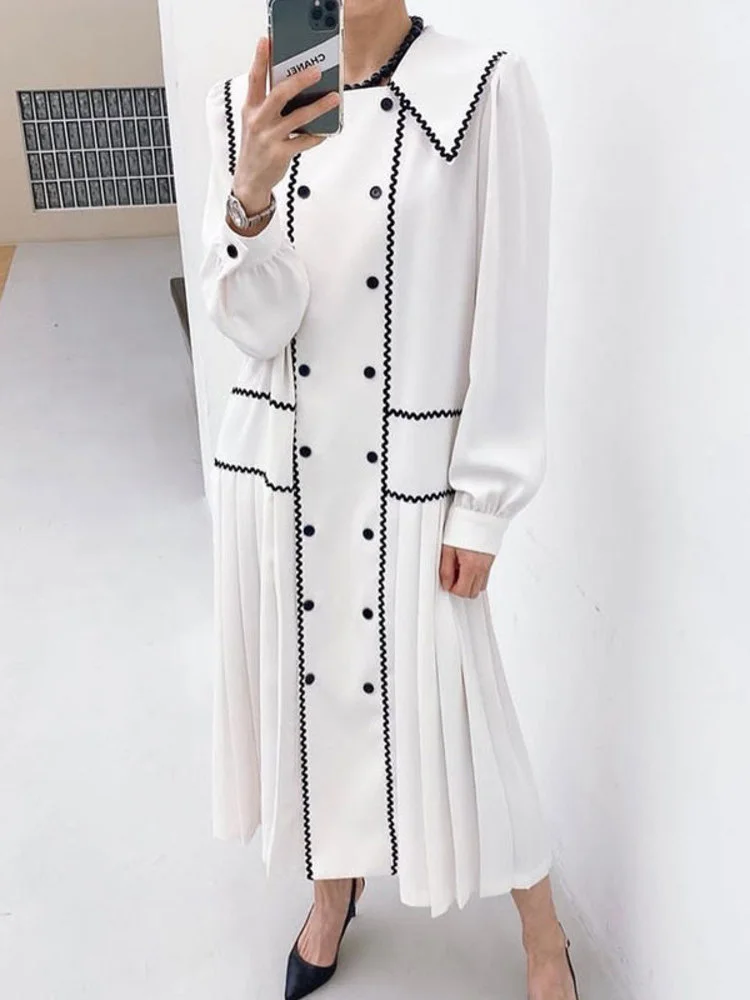 

Женское кружевное платье в стиле ретро, длинное Плиссированное контрастное платье составного кроя с отложным воротником и двубортным рукавом, в Корейском стиле, весна-осень 2023