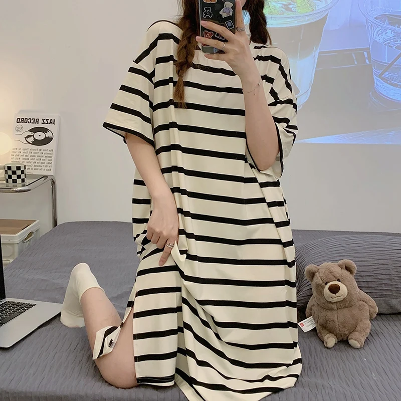 

2022 New Summer Cotton Casual Striped Short Sleeve Nightgown for Women Korean Loose Sleepwear Nightdress Night Dress Home Nighty