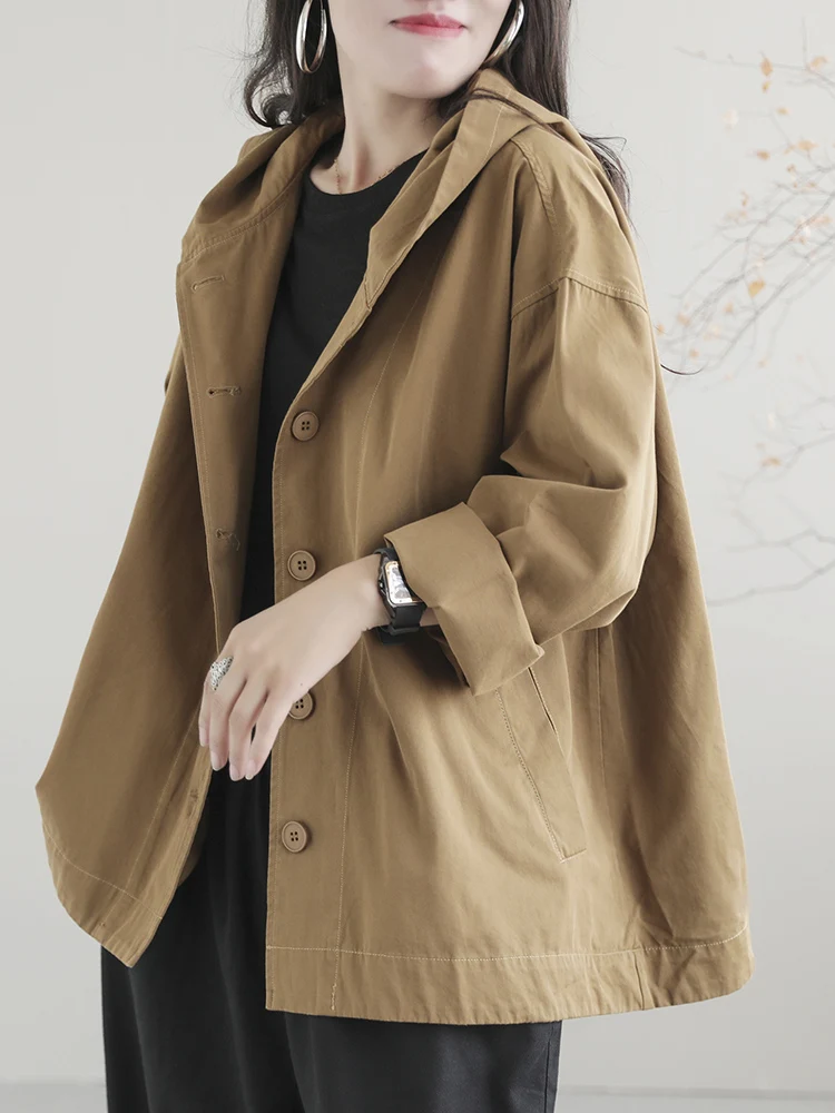 Хлопковая верхняя одежда с капюшоном и длинными рукавами в стиле ретро женская