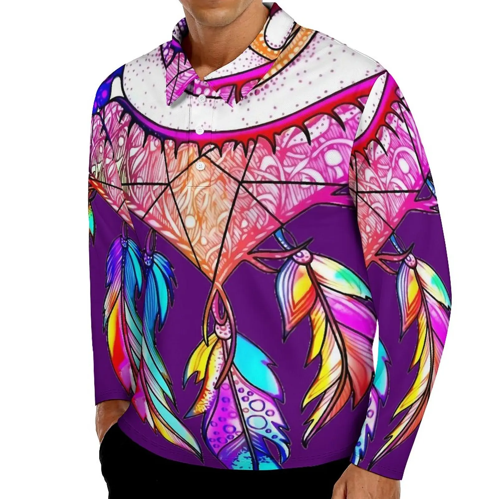 

Dream Catcher Polo Shirts Man Heart Print Casual Shirt Autumn Vintage Collar Long Sleeve Design Oversize T-Shirts