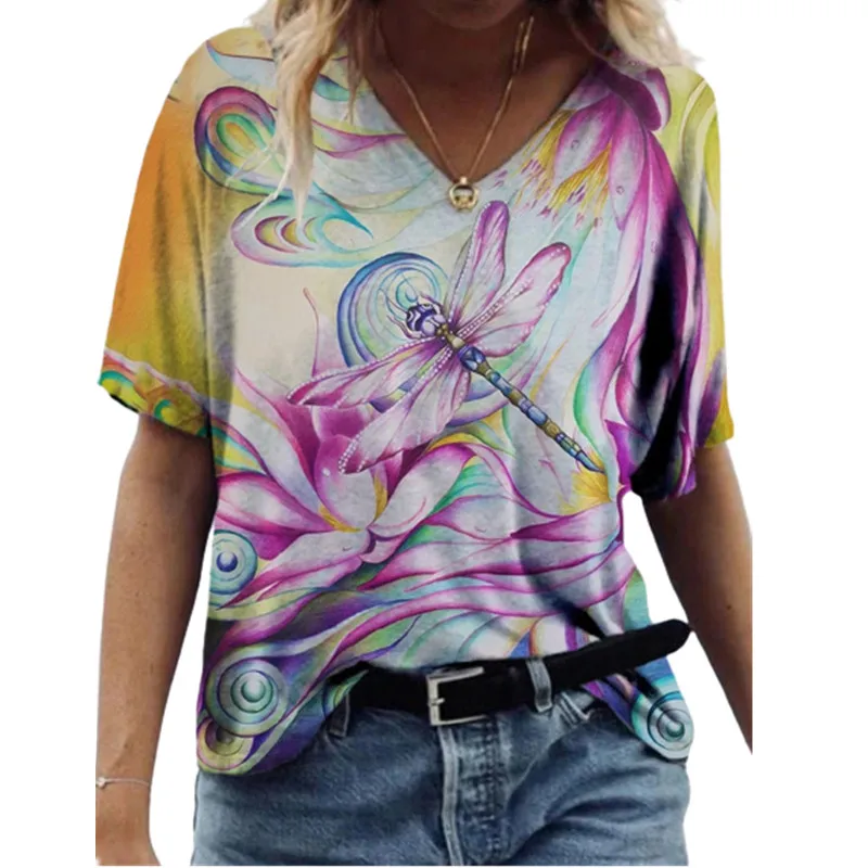 

5XL Oversized Women Summer Tops 2021 New Short Sleeve V-Neck Loose Casual T Shirt Ladies 3D Floral Print Tee Top Plus Size