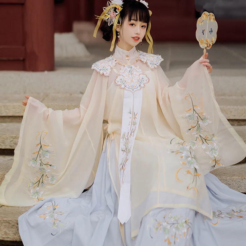 

Oriental Style Woman Chinese Traditional Retro Elegant Folk Dance Costume Ancient Ming Dynasty Fairy Dress Embroidered Hanfu Set