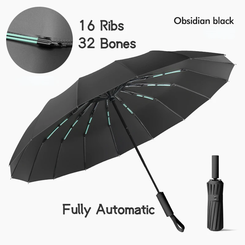 

16K 16 Ribs 32 Bones Strong Windproof Automatic Sun Rain Folding Umbrella Vinyl Cover UV Protector Black Sunscreen for Women Men