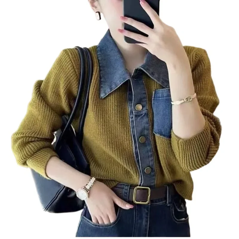 Винтажный джинсовый свитер в стиле пэчворк