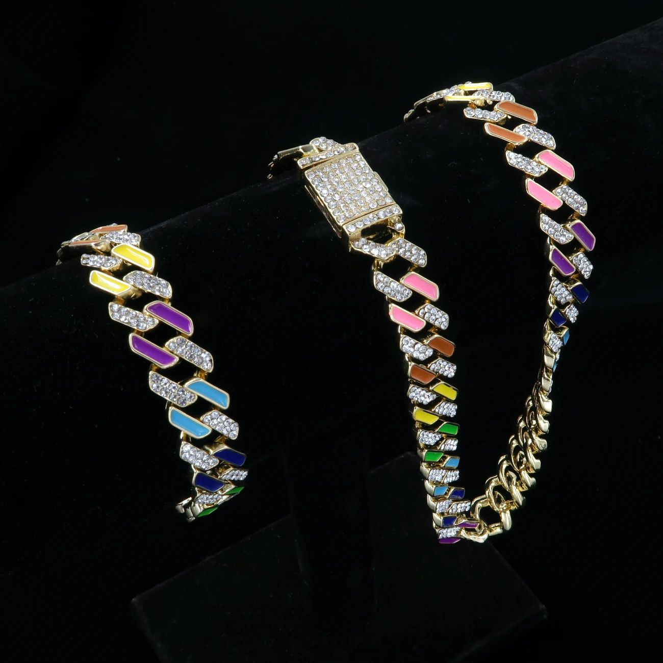 

New Male Iced Out Bling Cuban Link Chain Necklace Bracelet Men's Fashion Collar Bone Chain Hip Hop Color Drip Oil Jewelry Set