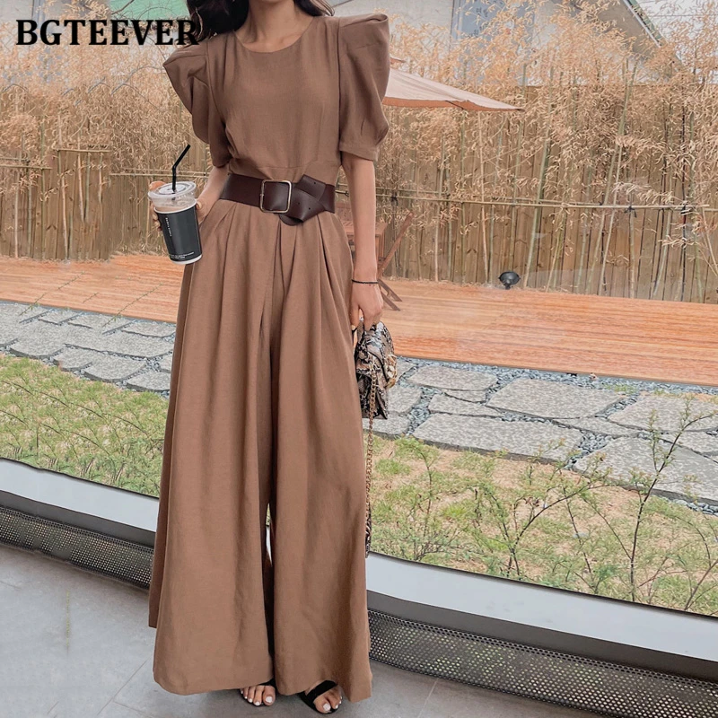 

BGTEEVER Chic Vintage Loose Female Solid Playsuits Summer Fashion O-neck Short Sleeve Slim Waist Belted Women Wide Leg Rompers