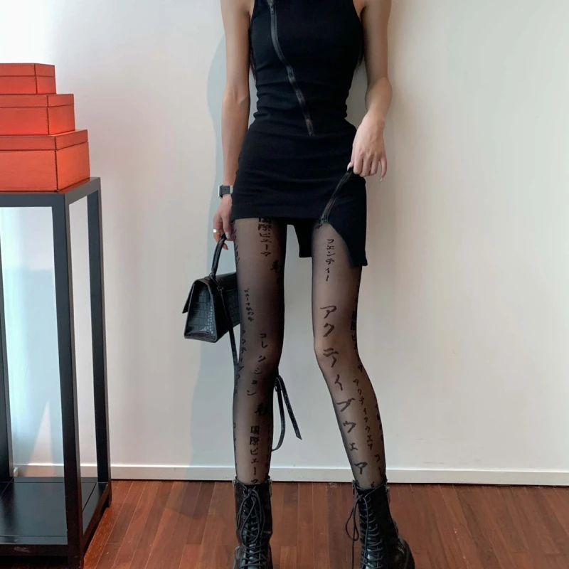 

Прозрачные колготки с японскими надписями, женские Колготки с рисунком для ночного клуба