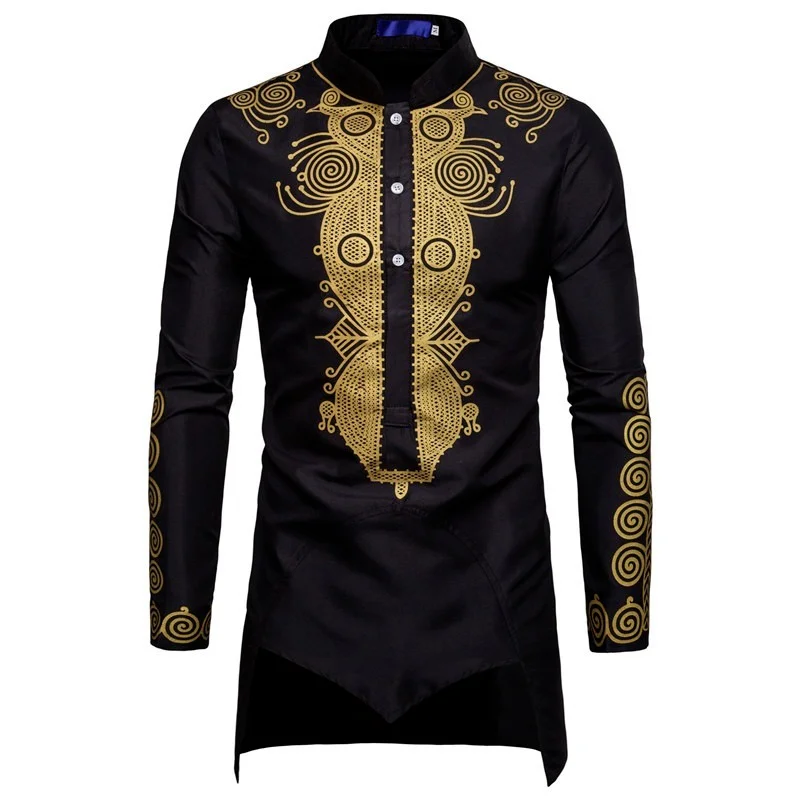 Muslim Men Shirt Islamic Clothes Print Stand Color Tops Kurta National Printed Long Sleeve Shirts Male Folk Hip Hop Streetwear