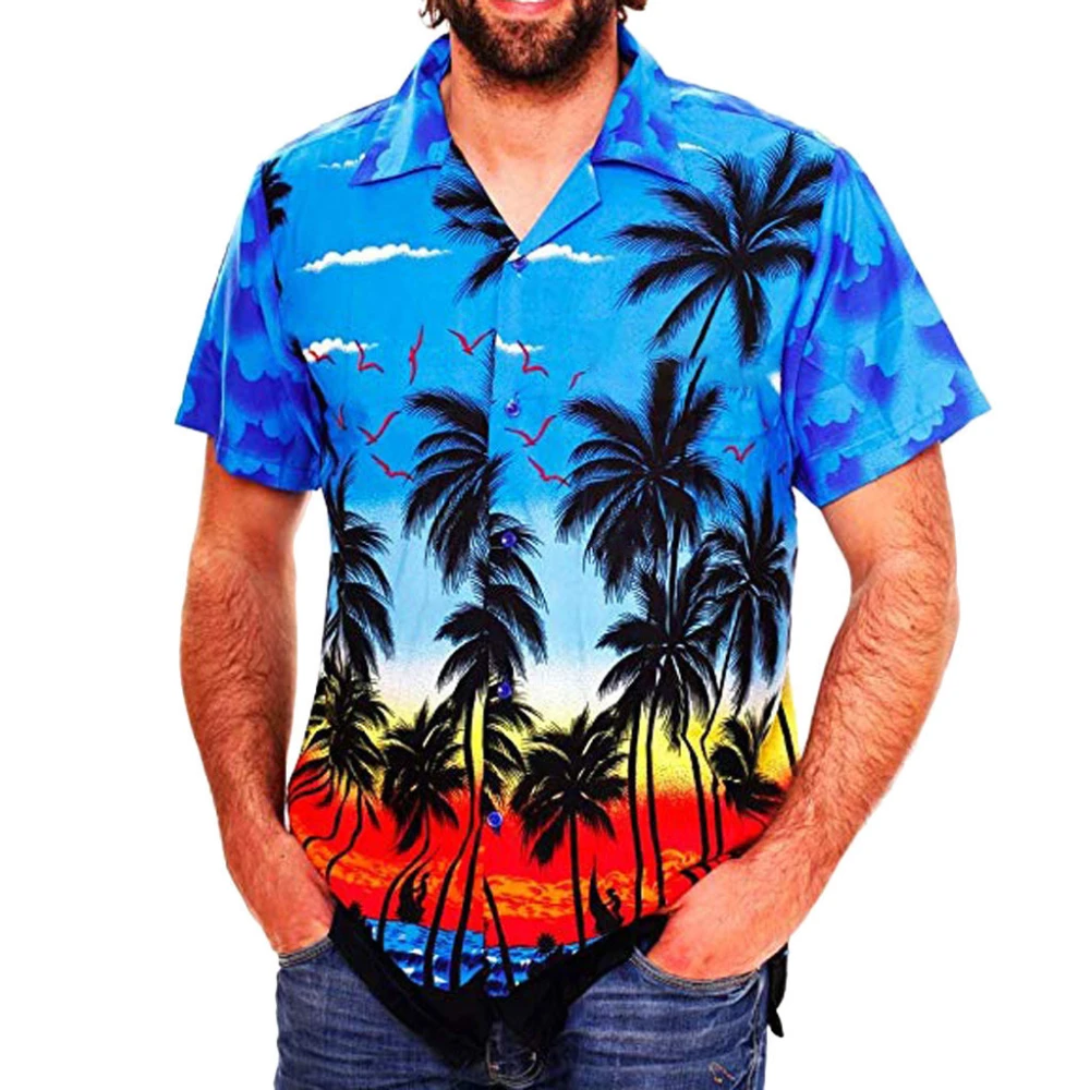 Summer 2022 Men's Short Sleeve Coconut Tree Print Shirt Hawaiian Style Casual Loose Buttoned Breathable Beach Shirt