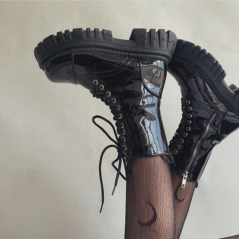 

New 2022 Cool Punk Women Motorcycle Boots Lace Up Chunky Platform Goth Shoes Casual Brand Combat Street Shoes Zapatos De Muje