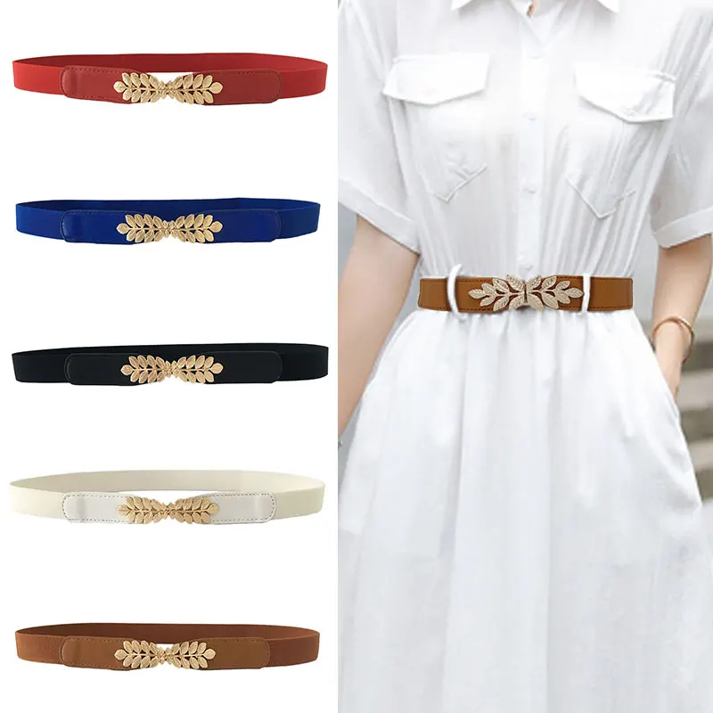 

High Elasticity Fabric Belts For Women Dresses Gold Leaves Metal Buckle Belts Female Belts Women Fashion Hot Elastic Belts