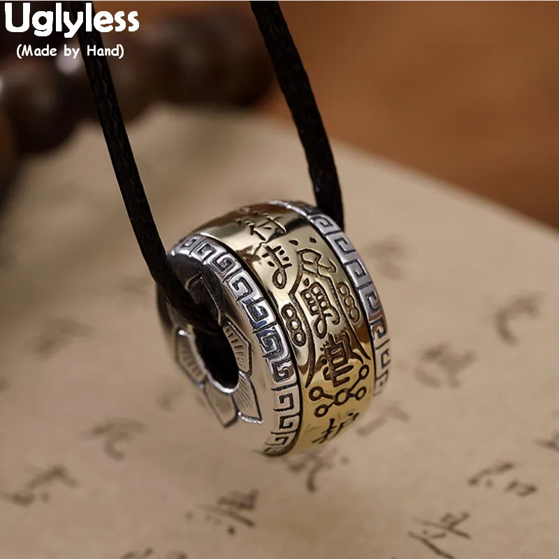 

Uglyless Religious Spinning Amulet Pendants + Leather Rope 990 Silver Lotus Barrel Beads Necklaces GOOD LUCK Buddhistic Jewelry