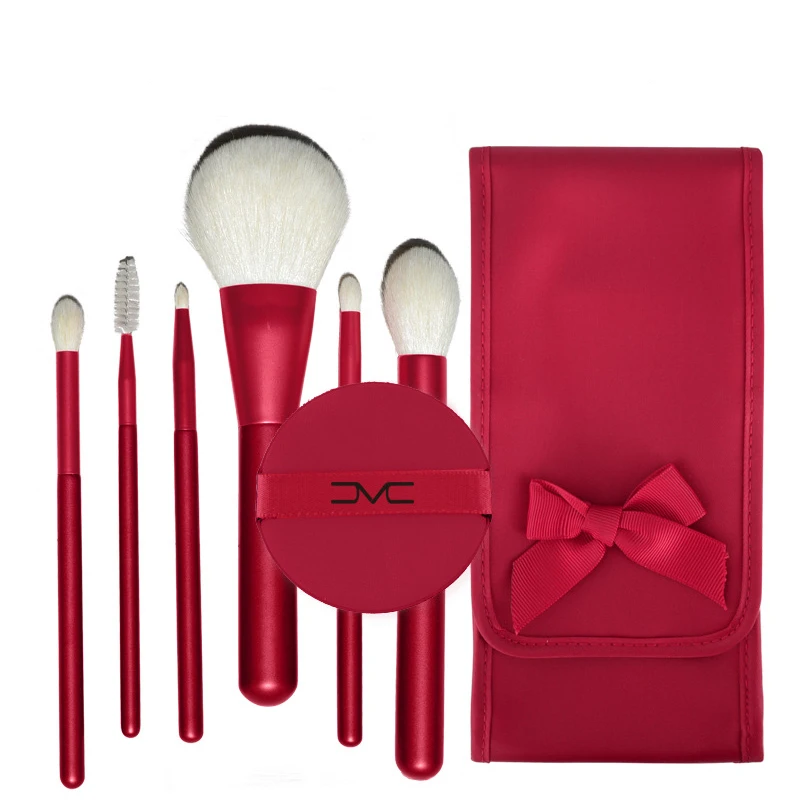 

High Quality 6Pcs Natural Goat Hair Makeup Brush Set with Pouch and Air Puff Red Beauty Blending Powder Brush Eye Brush Kit
