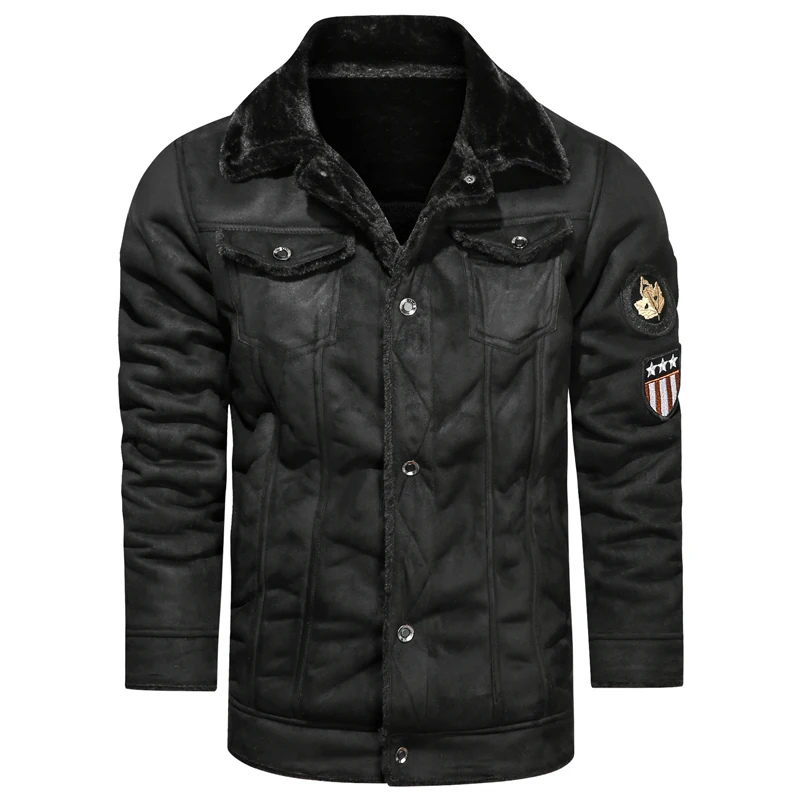 Длинная кожаная куртка Мужская Флисовая овчина модель Бомбер бархатная