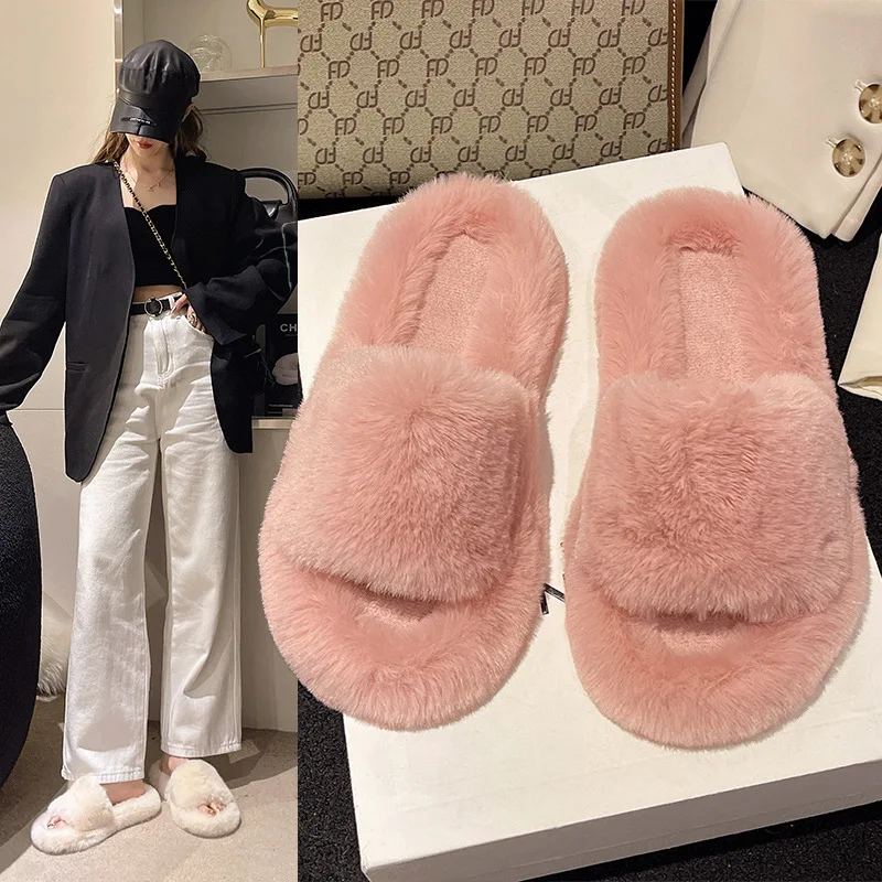 

Шлепанцы с мехом, плюшевые массажные тапки из флока, плоская подошва, Повседневные базовые модные тапочки из искусственной кожи, большие размеры