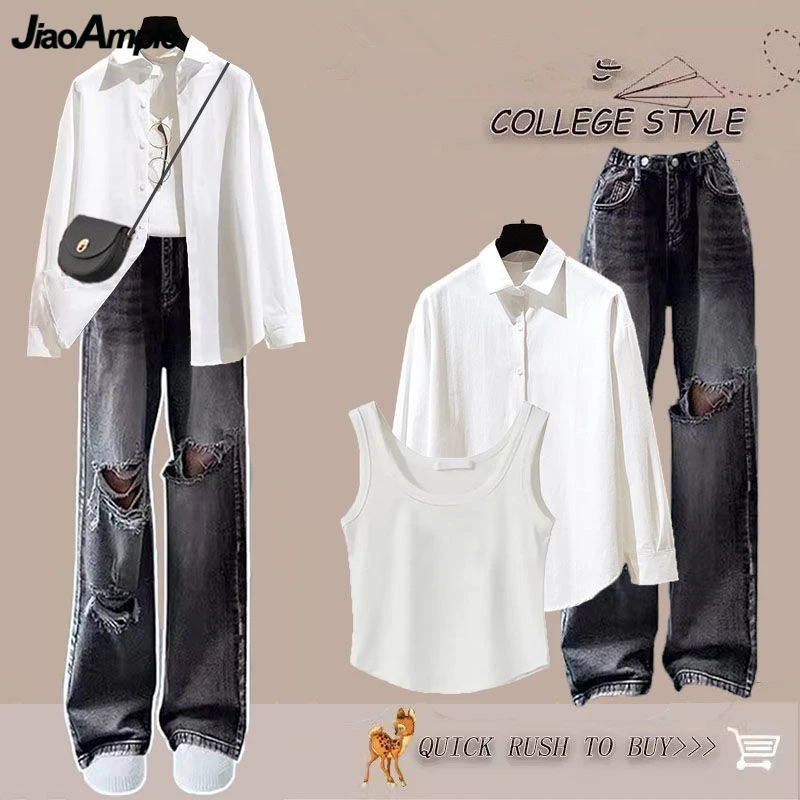 Женский Тонкий джинсовый костюм Повседневная Блузка в стиле преппи с топом и