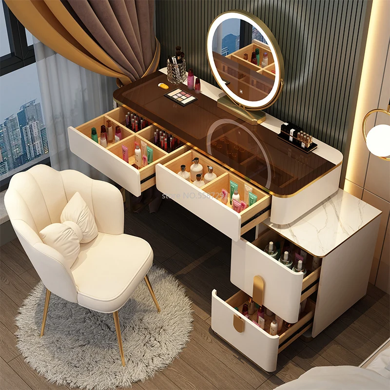 

Desk Vanity Modern Dresser Table LED Mirros Household Bedroom Dressing Table Density Board Makeup Table With Mirror Furniture