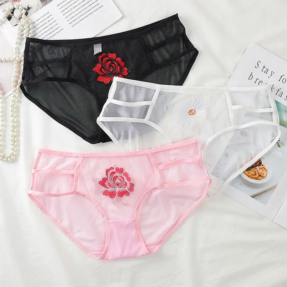 

Korean New Embroidery Flower Panties Sexy Transparent Mesh Hollow Out Briefs Thin Belt Low Waist Underwear For Women Girl