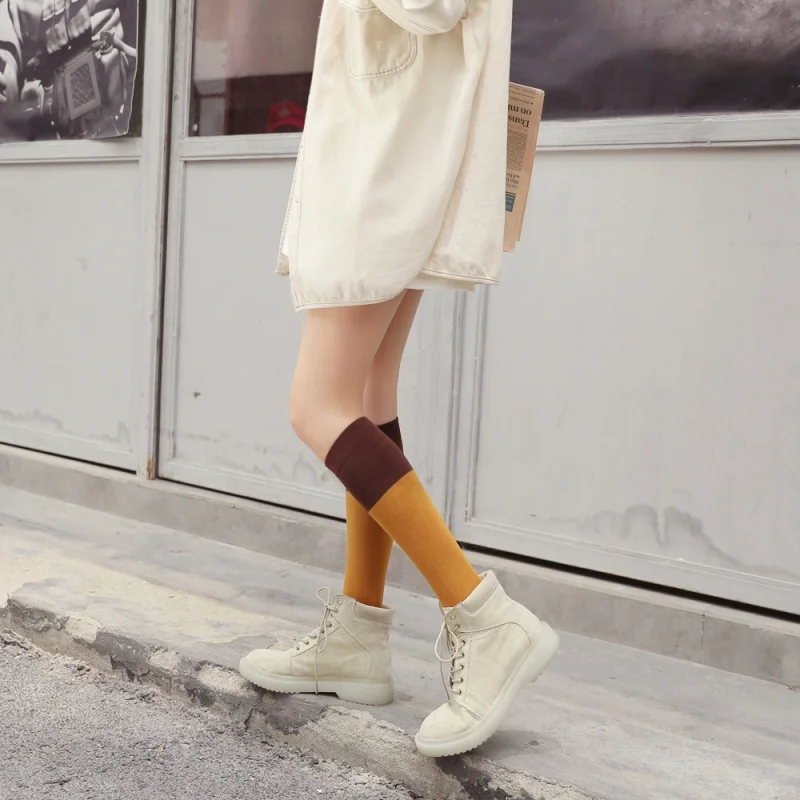 Solid Color Stitching Knee Length Socks Japanese and Korean Socks Long Tube Calf Socks Solid Color Thigh High Socks JK Socks