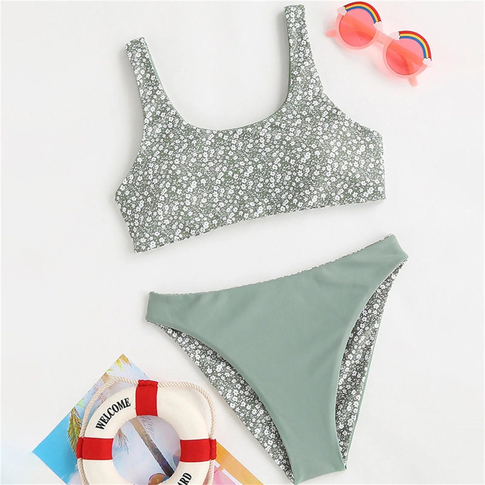 

Летний купальный костюм для больших детей, пляжный спортивный купальник с тонкими бретельками и цветочным принтом, комплект бикини с высокой талией, купальный костюм для девочек, Размер 12