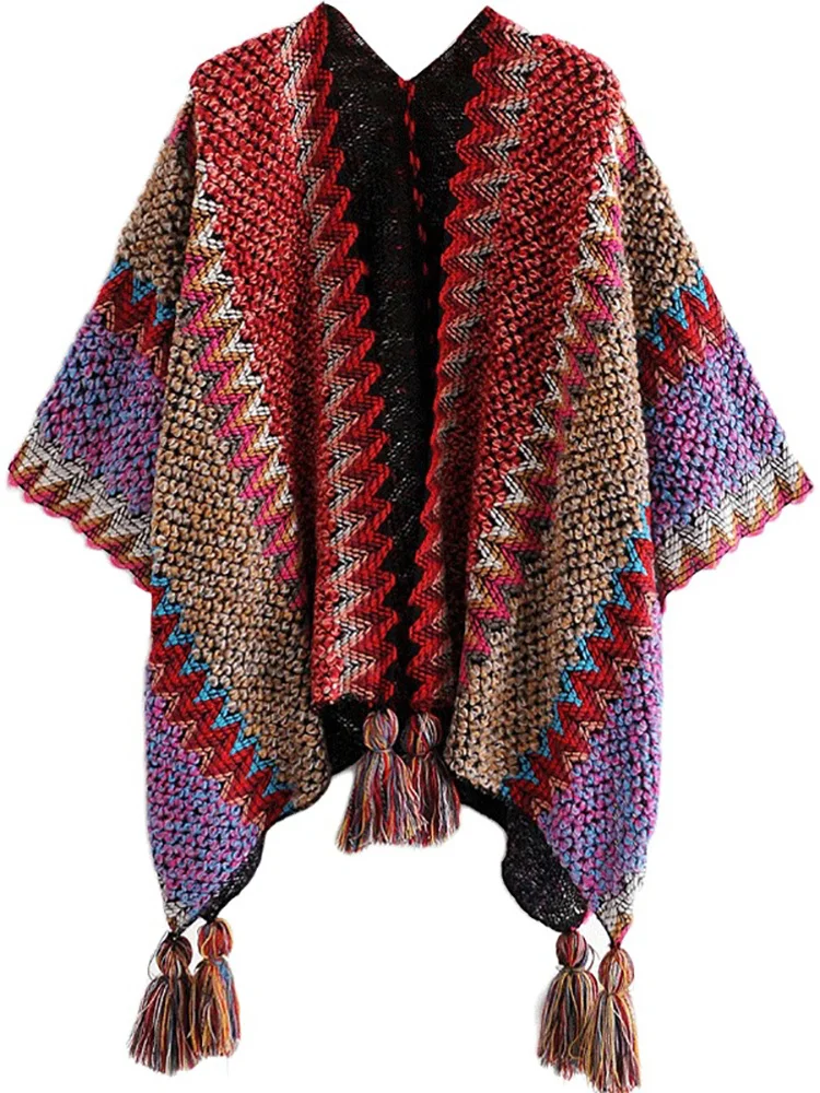 

Fitshinling Vintage Women's Poncho Knitwear Fringe Bohemian Woman Coats 2023 Winter Fashion Patchwork Cape Sweater Overcoat Sale