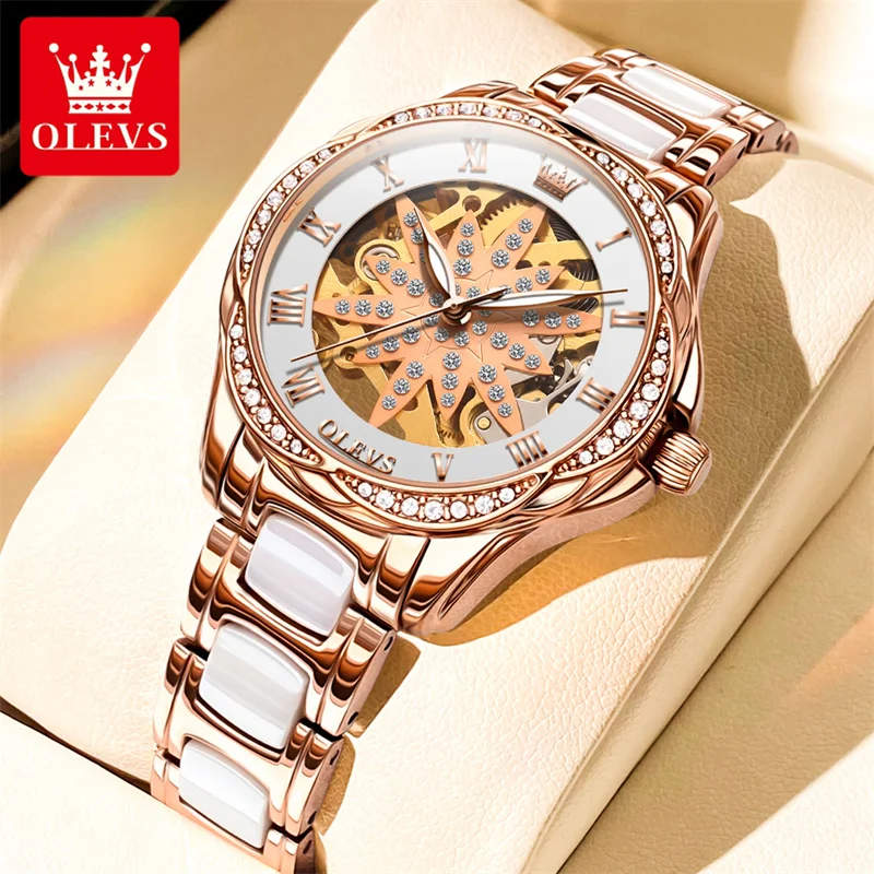 OLEVS Watch for Women Luxury Rose Gold Automatic Skeleton Mechanical Watches Ladies Ceramic Dress Diamond Waterproof Wristwatch