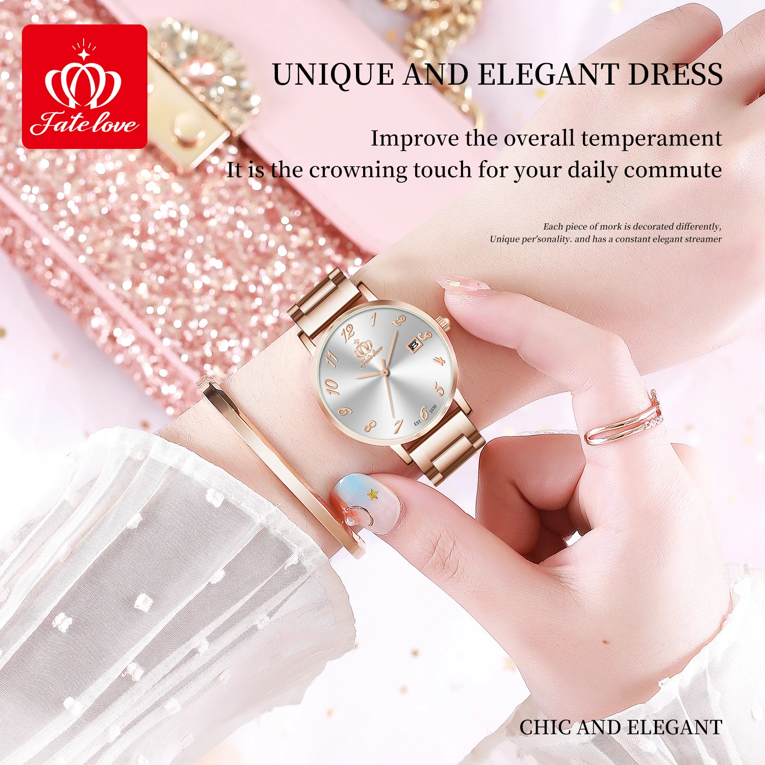 Fate Love Original Certified Brand Women's watches Fashion Luxury Stainless Steel Quartz Watch Waterproof Calendar Wristwatch