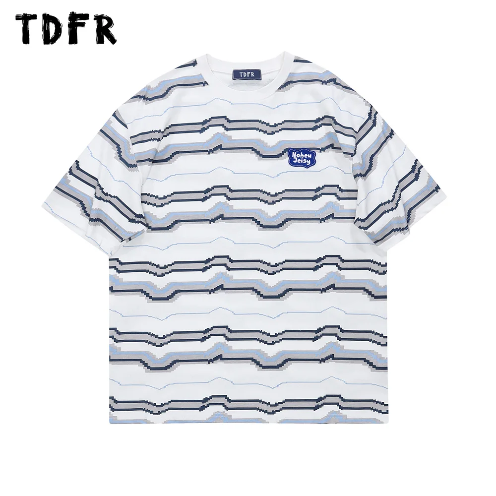 

Футболка Amekaji мужская с коротким рукавом, свободная хлопковая рубашка в волнистую полоску, с вышивкой букв, с круглым вырезом, лето