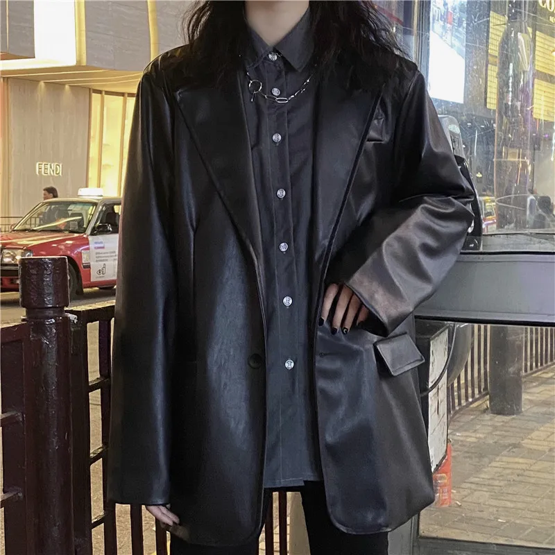 Korean Black Brown Leather Moto Jacket Vintage Warm Female Loose Long Sleeve Suit Blazers Fashion Streetwear Womens Coat 2021