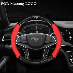 For Ford Mustang GT 2022 2021 2020 2019 2018 2017 Carbon fiber + leather Car steering wheel cover with Metal car logo Non-slip