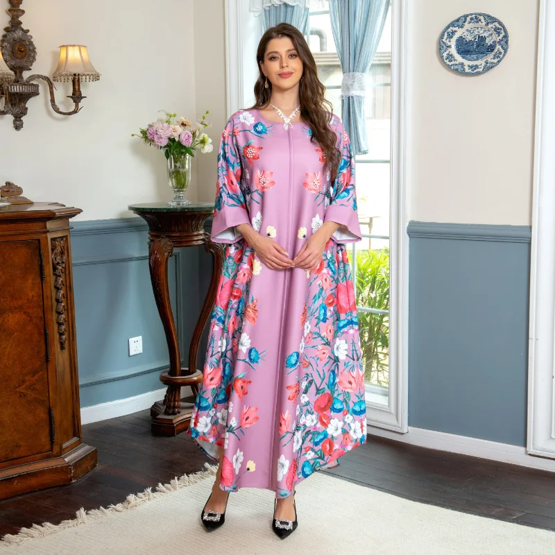 2023 Summer Elegant Muslim Women Long Sleeve O-neck Polyester Printing Long Abaya Muslim Fashion Dress Muslim Dress Women
