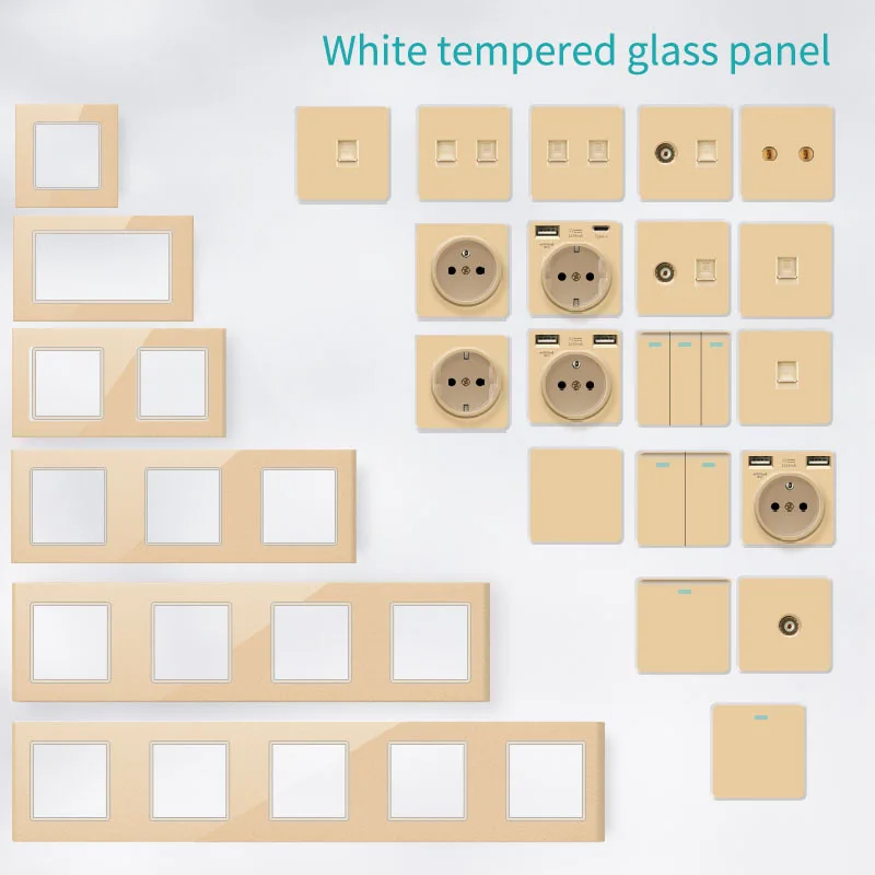 

European Multi-frame Gold Toughened Glass Panel Light Switch Socket, French and German DIY Switch USB Plug Socket Combination