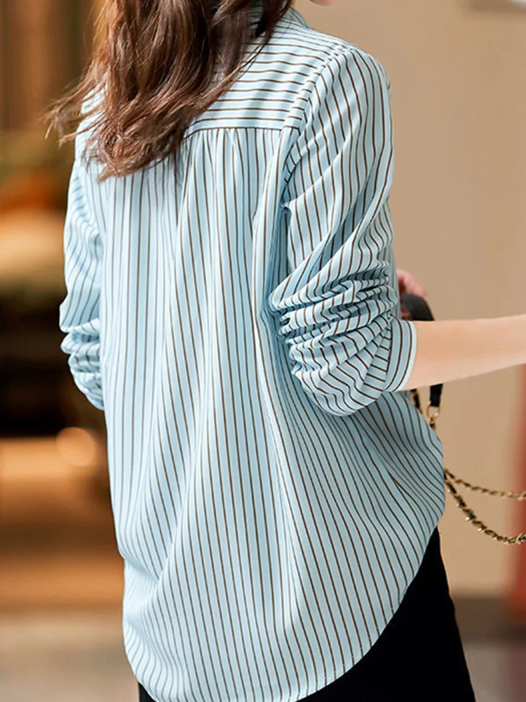 Повседневные свободные полосатые модные женские блузки на пуговицах с вышивкой