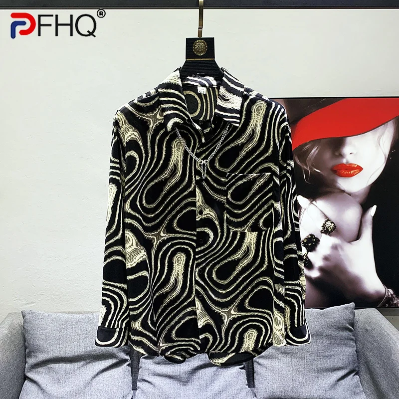 

PFHQ 2023 Summer New Fashion Geometric Pattern Shirts For Men Long Sleeve Single Breasted Printing Loose Men's Blouse 21F3518