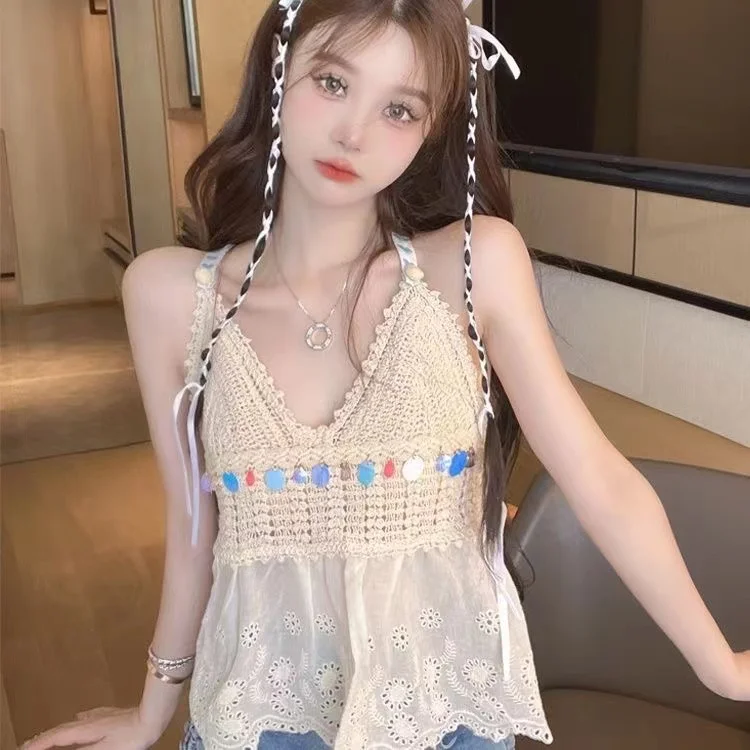 

National style suspender vest women's new summer seaside holiday short tassel top